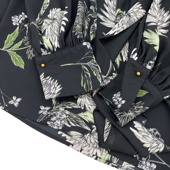 Who What Wear Black Floral Long Sleeve Blouse With Tie Neckline & Cuff Buttons W - Picture 5 of 7